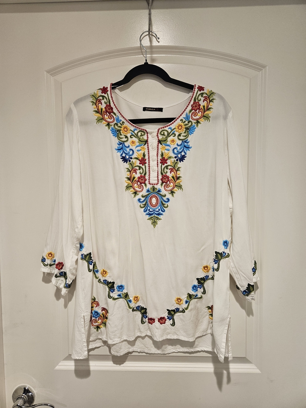White Embroidered V-Neck Women's Tunic Top with Multicolor Floral Trim
